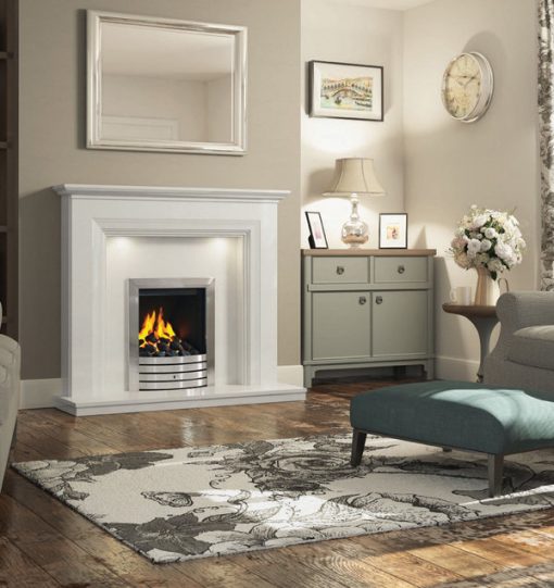 Compact gas fire in silver finish with sleek marble surround