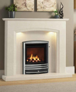 Gas fire in silver finish set in marble surround with LEDs
