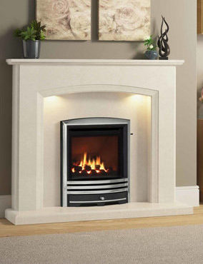Gas fire in silver finish set in marble surround with LEDs