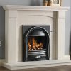 Limestone surround encloses black and metal curved fireplace