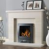 Modern metal fireplace in limestone surround in living room