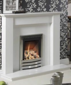 Stylish silver-finished fireplace insert in wallpapered living room