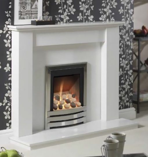 Stylish silver-finished fireplace insert in wallpapered living room