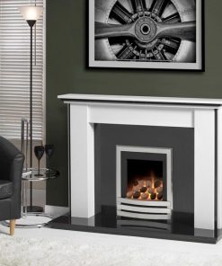 a gas fire burns in black and white surrounds