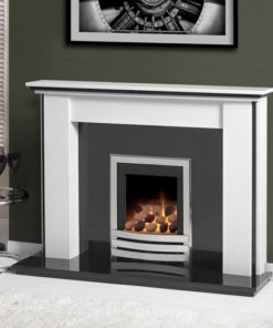 a gas fire burns in black and white surrounds