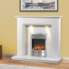 A simple metal fireplace in white stone-effect mantel