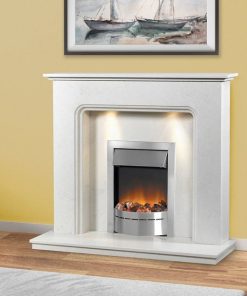 A simple metal fireplace in white stone-effect mantel