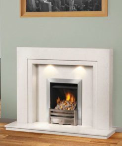 A fire burns in a smart metal fireplace with white surrounds