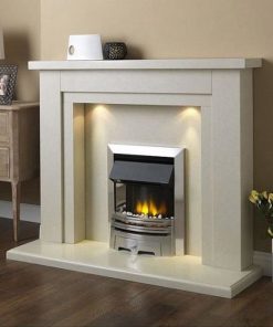 Marble fireplace with metal gas fire in living room