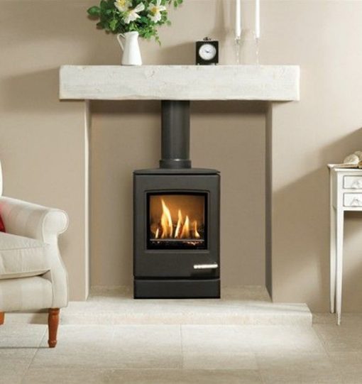 simple stove in smart neutrally decorated living room