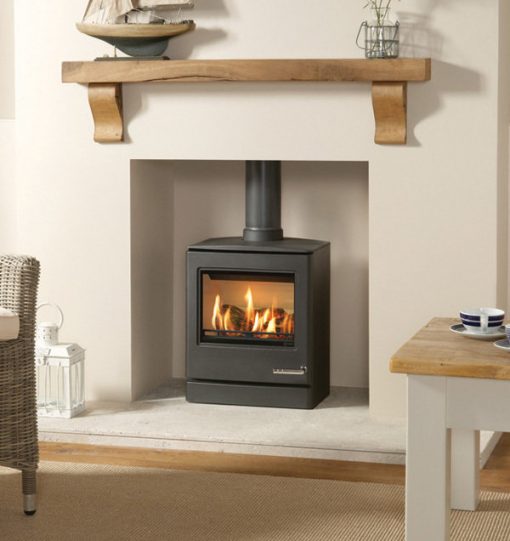 wood burning stove in cream living room