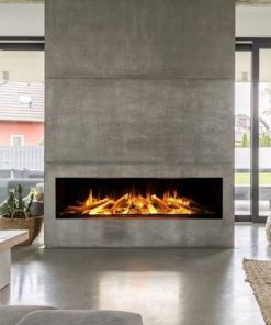 Widescreen style electric fire mounted in concrete wall with log bed
