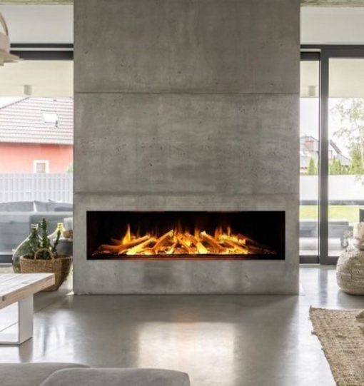 Widescreen style electric fire mounted in concrete wall with log bed