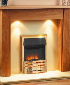 Electric fire in gold finish with simple oak surround