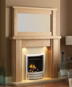 Pale oak surround and mirror over simple modern gas fire