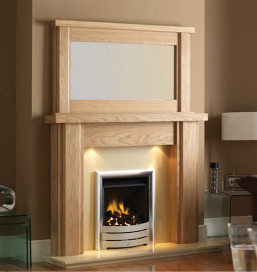 Pale oak surround and mirror over simple modern gas fire