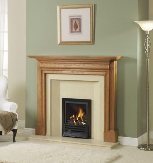 Simple black gas fireplace with timber surround in green living room