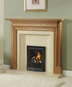 Simple black gas fireplace with timber surround in green living room