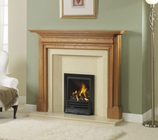 Simple black gas fireplace with timber surround in green living room
