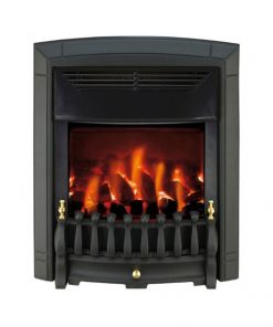 A fire glows in a small black metal fire with flue and gold detailing
