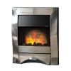 Fire glows in a small metal square fireplace