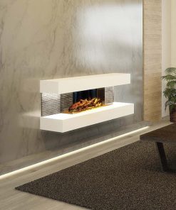 Wall mounted ultra modern electric fire with smoked glass log bed and white surround