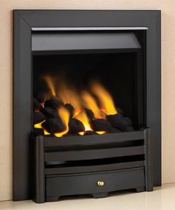 Modern black metal gas fire with neutral coloured surround