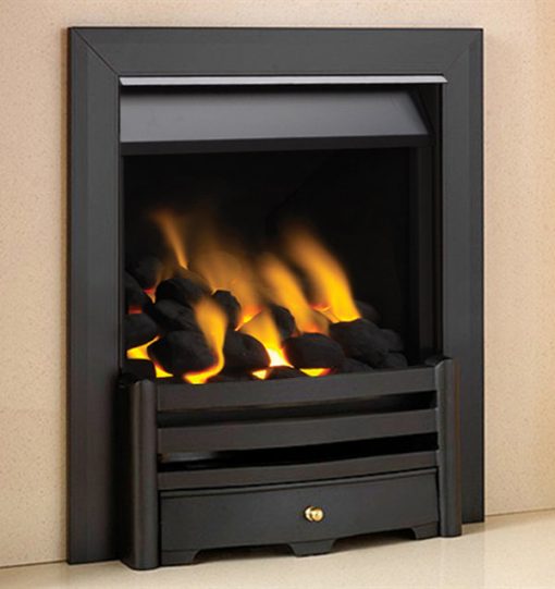 Modern black metal gas fire with neutral coloured surround
