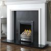 Modern black fireplace with white surrounds and wooden flooring