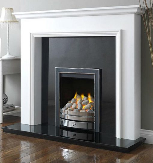Modern black fireplace with white surrounds and wooden flooring