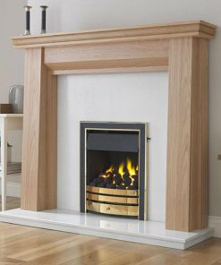 A new black and gold style fireplace with wooden mantel