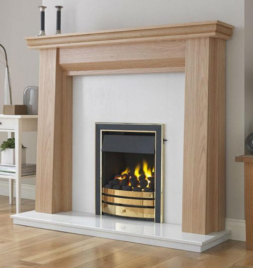 A new black and gold style fireplace with wooden mantel