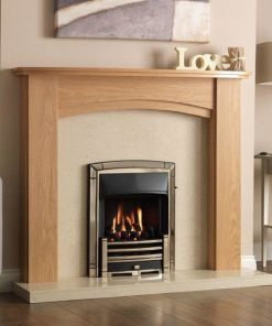 Living room scene with gold and black fireplace under wooden mantel