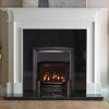 White mantel, polished black stone surrounds and new metal fire