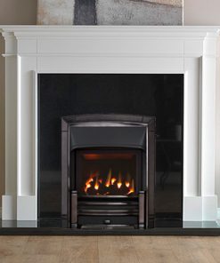 White mantel, polished black stone surrounds and new metal fire