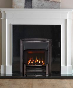 White mantel, polished black stone surrounds and new metal fire