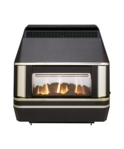 Small black rectangular fireplace with gold detailing