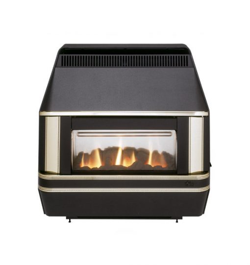 Small black rectangular fireplace with gold detailing