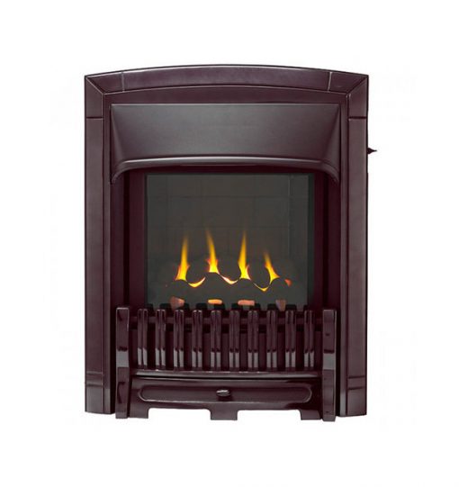 Small fireplace in plum colour with coals alight