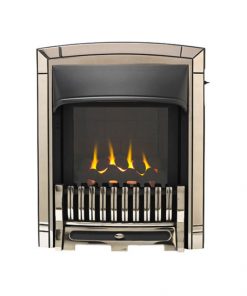 Gold effect metal fireplace with black details