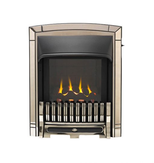 Gold effect metal fireplace with black details