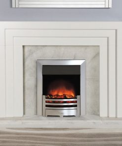 Gas fire insert in marble effect surround with white mantel