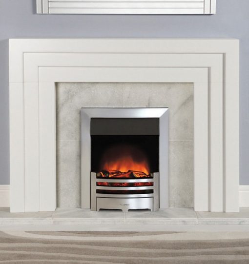 Gas fire insert in marble effect surround with white mantel