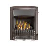 Gas fire appears to burn coals in small reddish metal fireplace