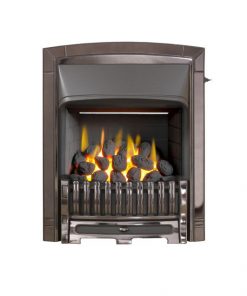 Gas fire appears to burn coals in small reddish metal fireplace