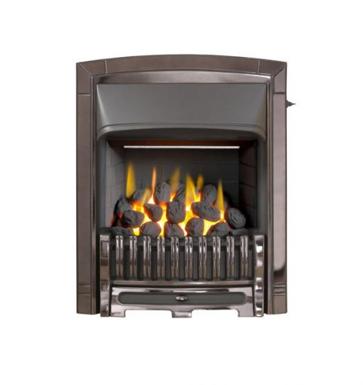 Gas fire appears to burn coals in small reddish metal fireplace