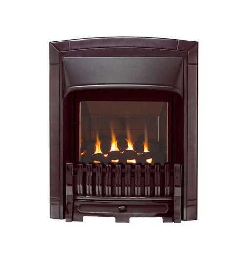 Plum coloured fireplace with gas fire inside