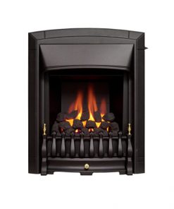 Small dark metal fireplace with gold detailing