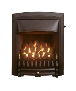 A fire glows in a small brown metal fireplace with gold detailing