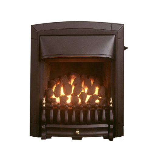 A fire glows in a small brown metal fireplace with gold detailing